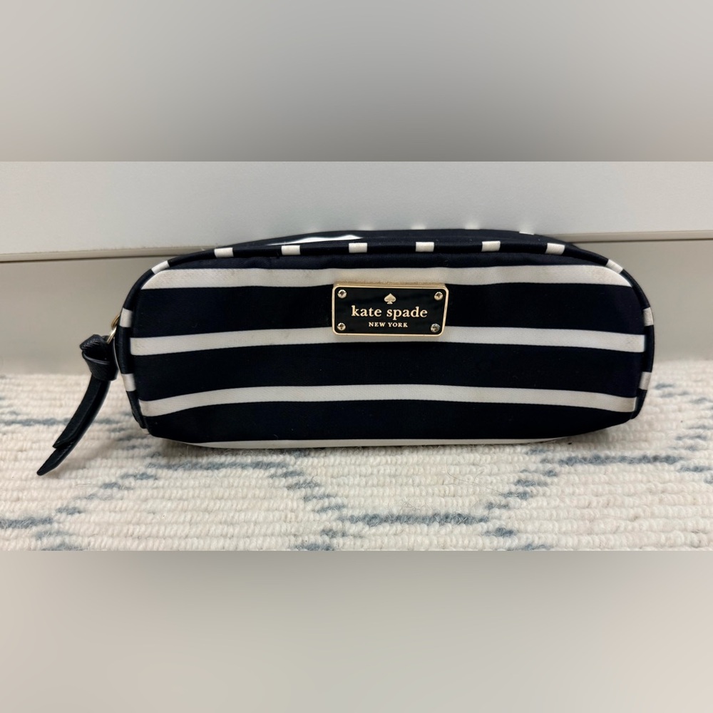 KATE SPADE Classic Black/White Striped Nylon Mini Cosmetic/Travel Pouch W/ Logo